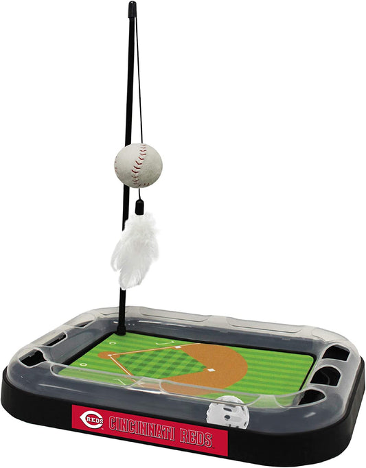 Cat Scratching Toy MLB Cincinnati Reds Baseball Field Cat Scratcher Toy with Interactive Cat Ball Bell in Tracks. 5-In-1 CAT Toy: Cat Wand Poll with Catnip Filled Plush Baseball & Feathers.