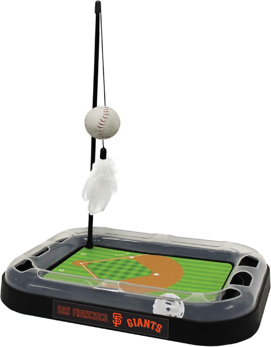 Cat Scratching Toy MLB SAN FRANCISCO GIANTS Baseball Field Cat Scratcher Toy with Interactive Cat Ball Bell in Tracks. 5-In-1 CAT TOY: Cat Wand Poll with CATNIP FILLED Plush Baseball & Feathers.