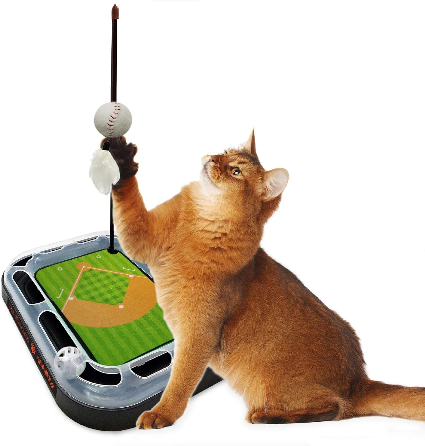 Cat Scratching Toy MLB SAN FRANCISCO GIANTS Baseball Field Cat Scratcher Toy with Interactive Cat Ball Bell in Tracks. 5-In-1 CAT TOY: Cat Wand Poll with CATNIP FILLED Plush Baseball & Feathers.